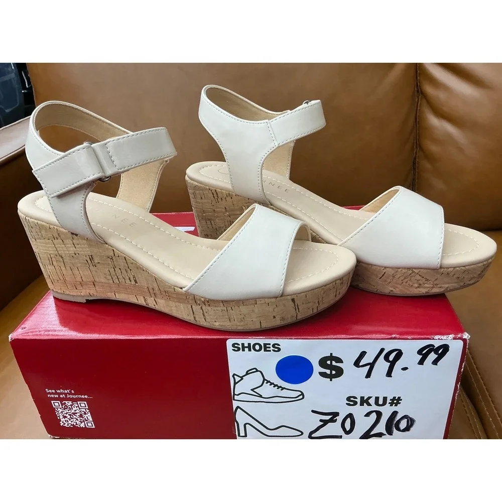 Journee Ranae Wedge Sandals Womens 8‎ Bone Cork Platform Ankle Strap